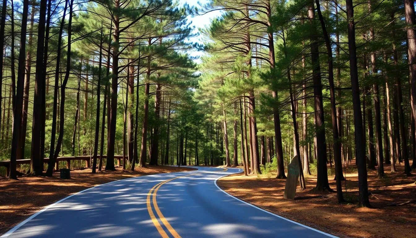 Scenic park road winding through forested area of South Toledo Bend State Park