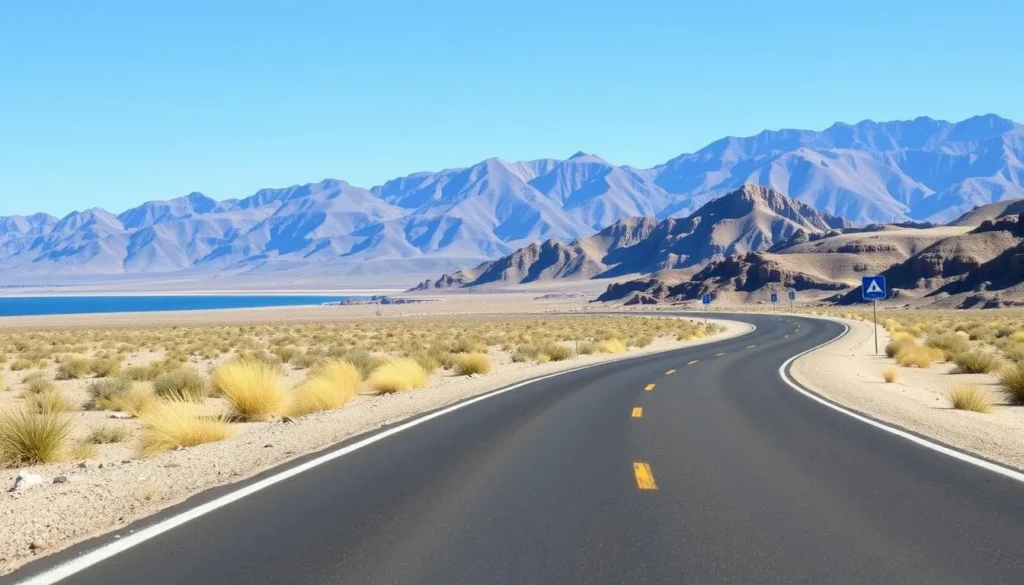 Scenic road leading to Boulder Beach at Lake Mead with desert landscape