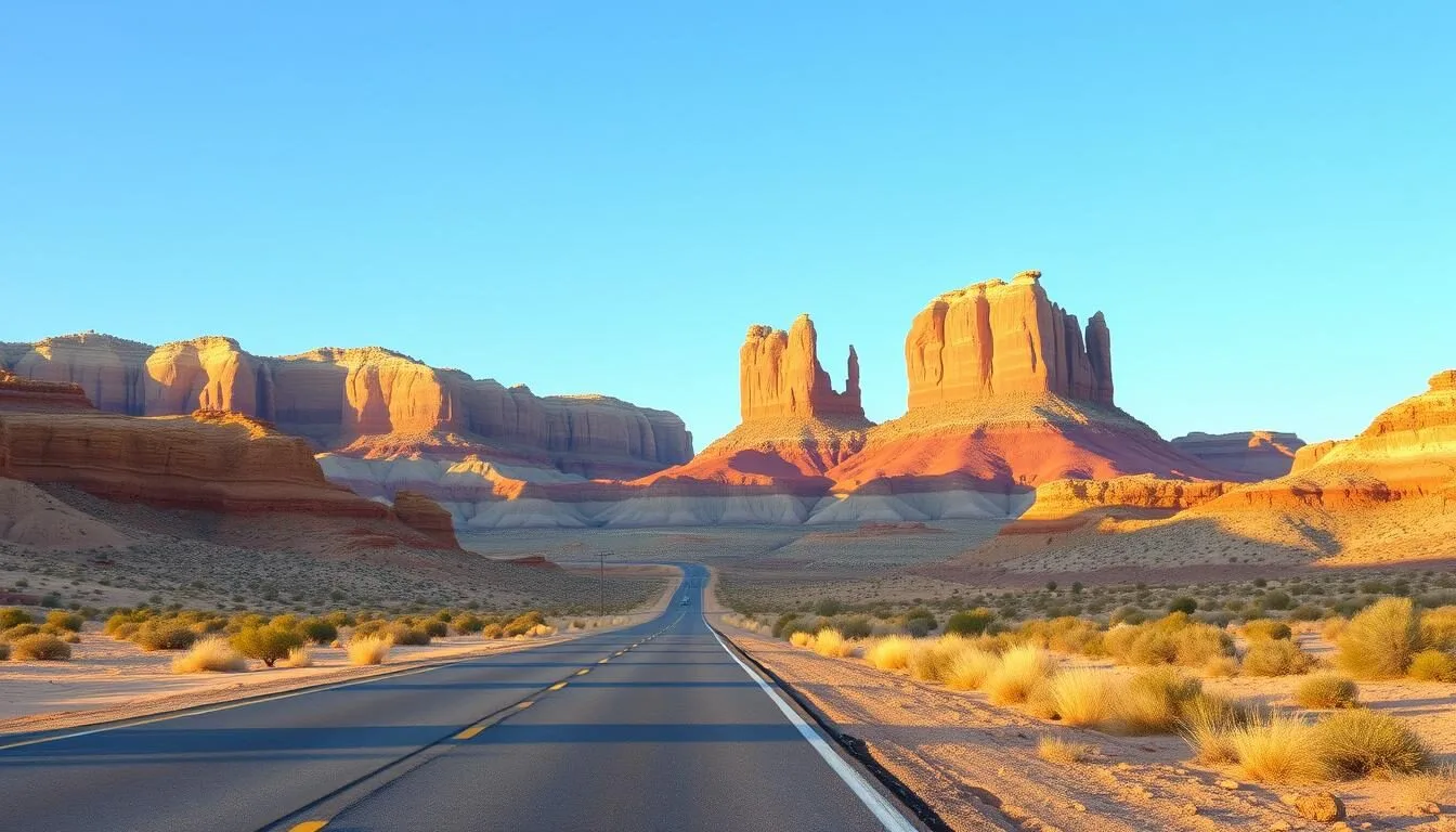 Scenic-road-leading-to-Cathedral-Gorge-State-Park-with-dramatic-rock-formations-in-the Scenic road leading to Cathedral Gorge State Park with dramatic rock formations in the background