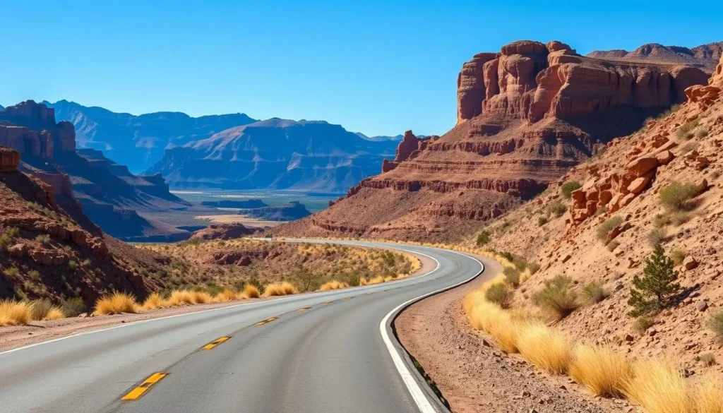 Scenic road leading to Gunnison Gorge with mountain views and desert landscape Scenic road leading to Gunnison Gorge with mountain views and desert landscape