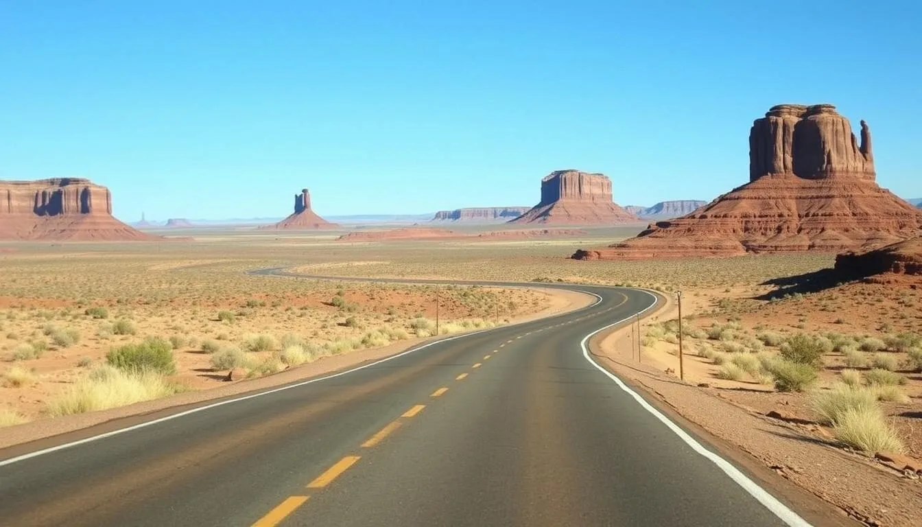 Scenic road leading to Hovenweep National Monument with red rock formations in the background