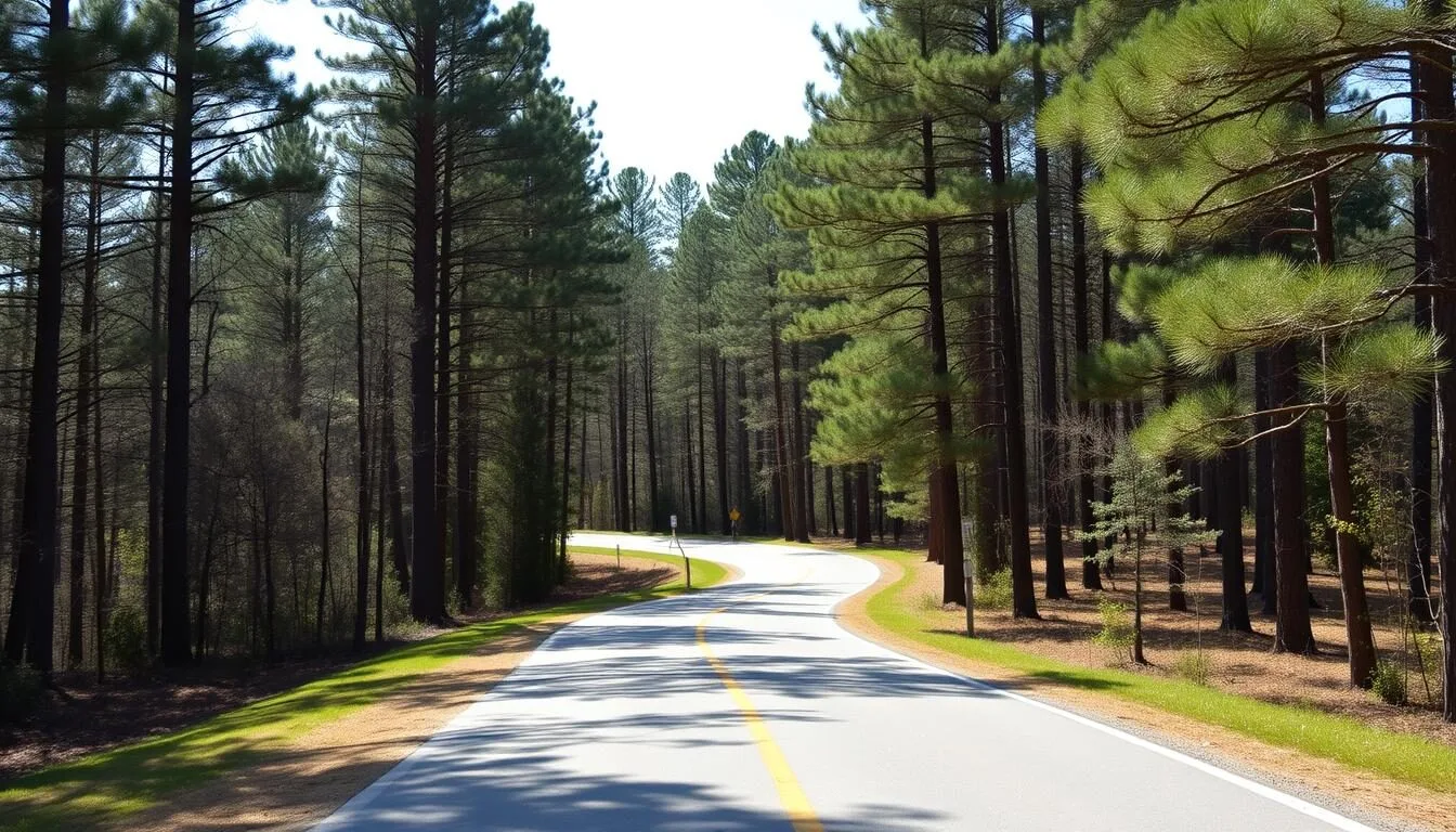 Scenic-road-leading-to-Jimmie-Davis-State-Park-with-lush-green-trees-on-both-sides Scenic road leading to Jimmie Davis State Park with lush green trees on both sides