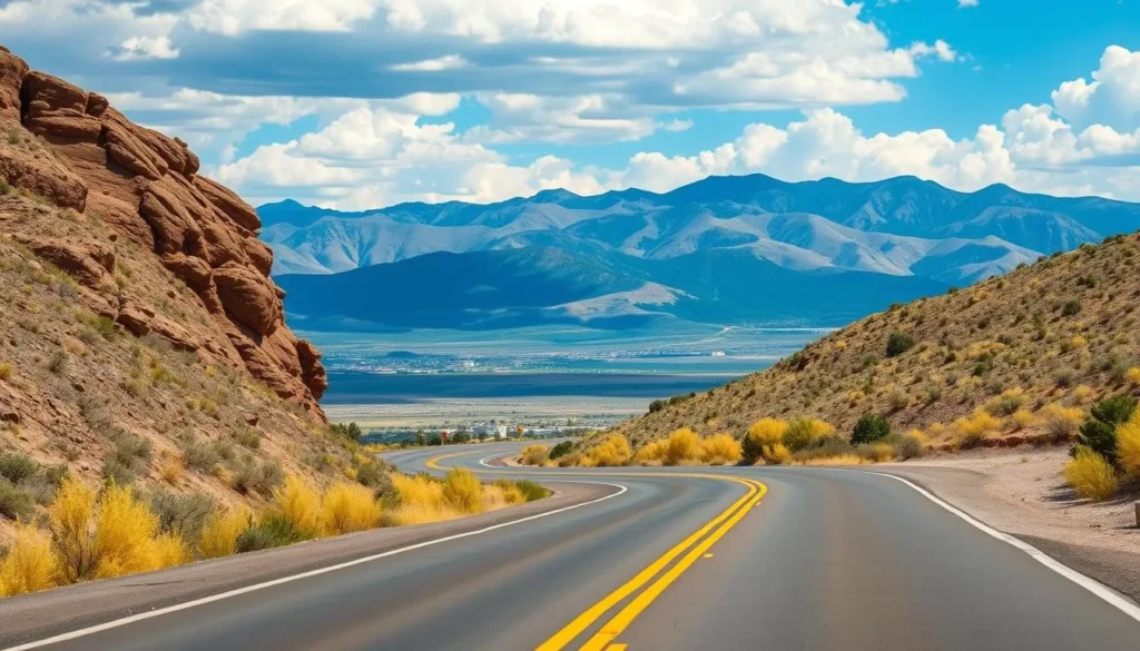 Scenic road leading to Los Alamos with mountain views and Manhattan Project National Historical Park in distance