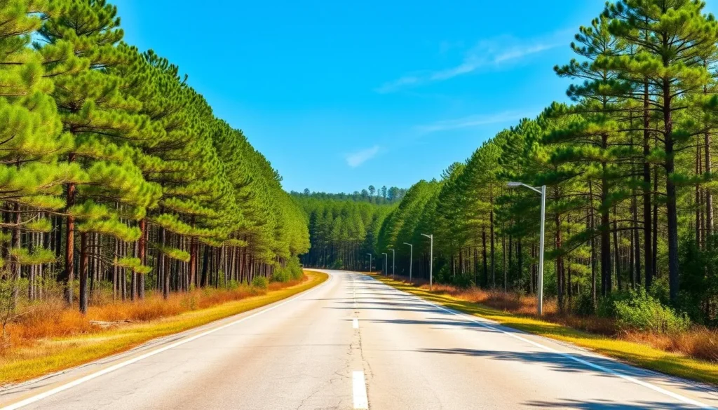 Scenic road leading to North Toledo Bend State Park Louisiana through pine forests