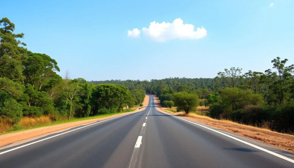 Scenic road leading to Pench National Park with forest views on both sides