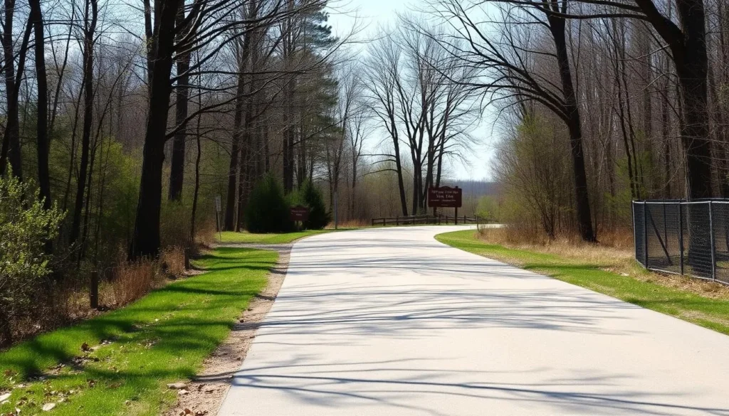 Scenic road leading to Powerton Lake State Park entrance with natural surroundings