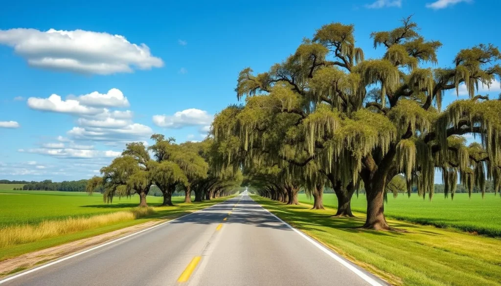 Scenic road leading to Rosedown Plantation with oak trees and Spanish moss