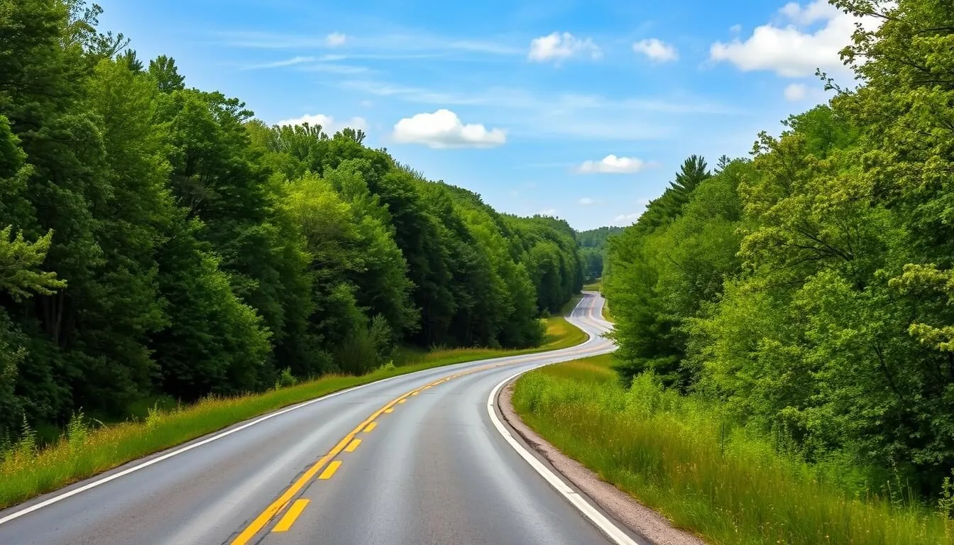 Scenic-road-leading-to-Trail-of-Tears-State-Forest-in-Illinois-with-lush-green-trees-lining Scenic road leading to Trail of Tears State Forest in Illinois with lush green trees lining both sides