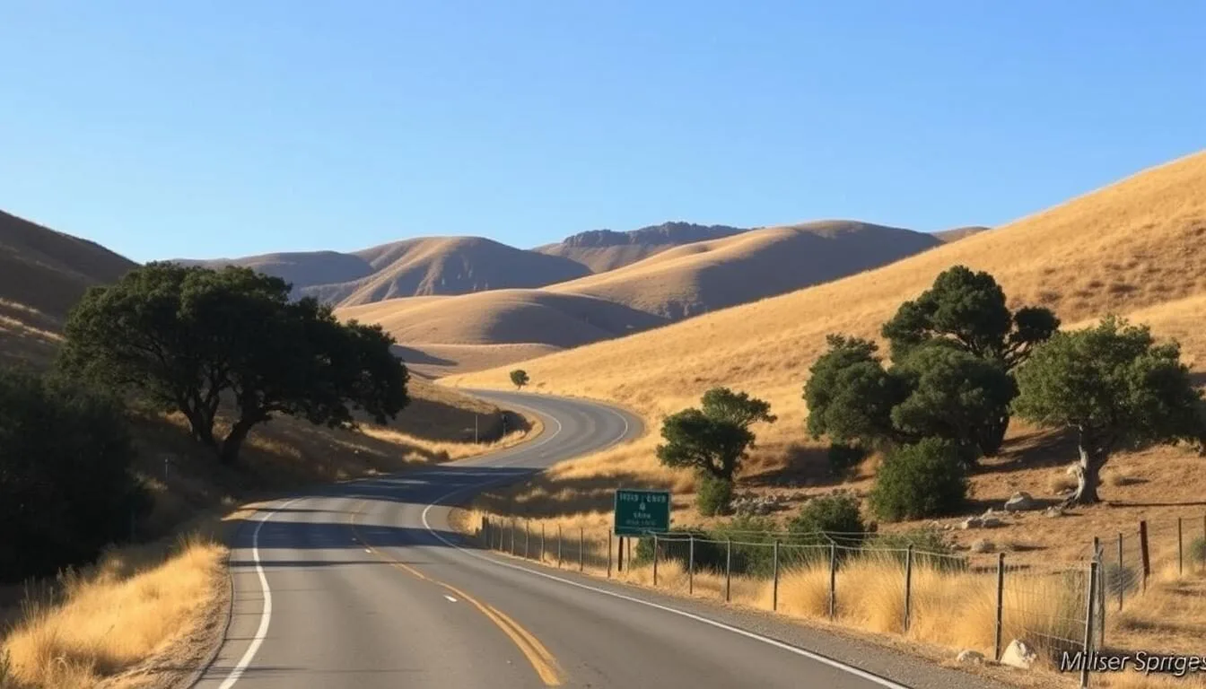 Scenic road leading to Wilbur Hot Springs California with rolling hills and natural landscape