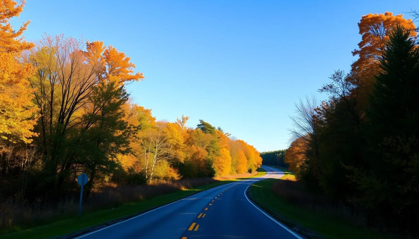 Scenic road leading to Wolf Creek State Park entrance in Illinois with autumn foliage