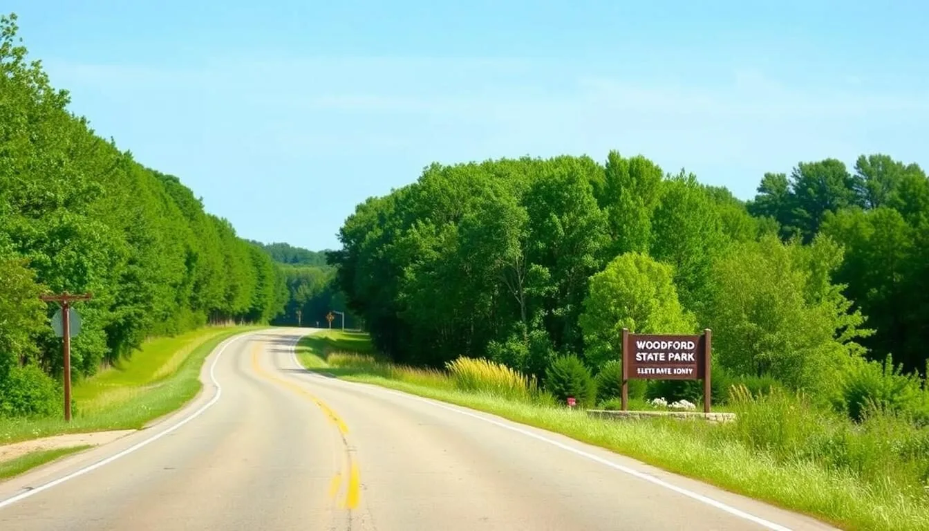 Scenic road leading to Woodford State Park entrance with lush green trees and clear blue sky