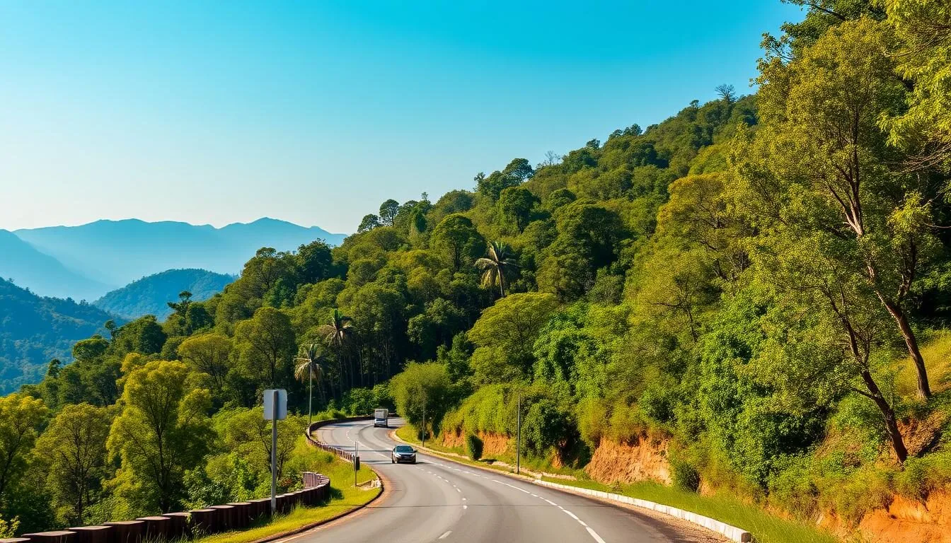 Scenic road winding through the lush green forests leading to Mahabaleshwar with mountains in the background