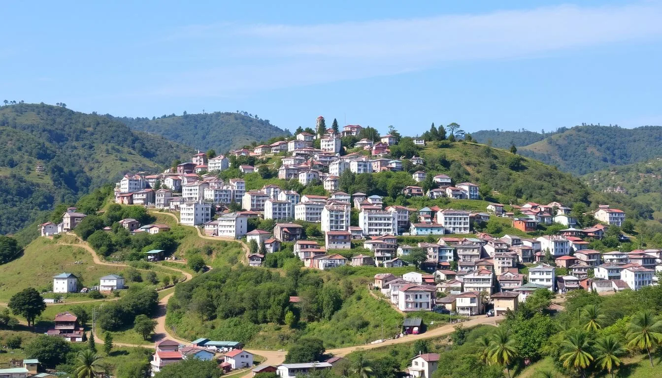 Scenic view of Aizawl city nestled among green hills with traditional buildings and modern structures visible against a clear blue sky