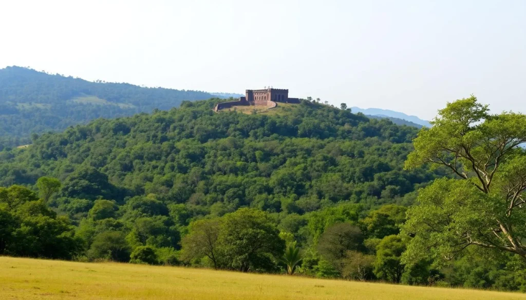 Scenic view of Bandhavgarh National Park with ancient fort in background