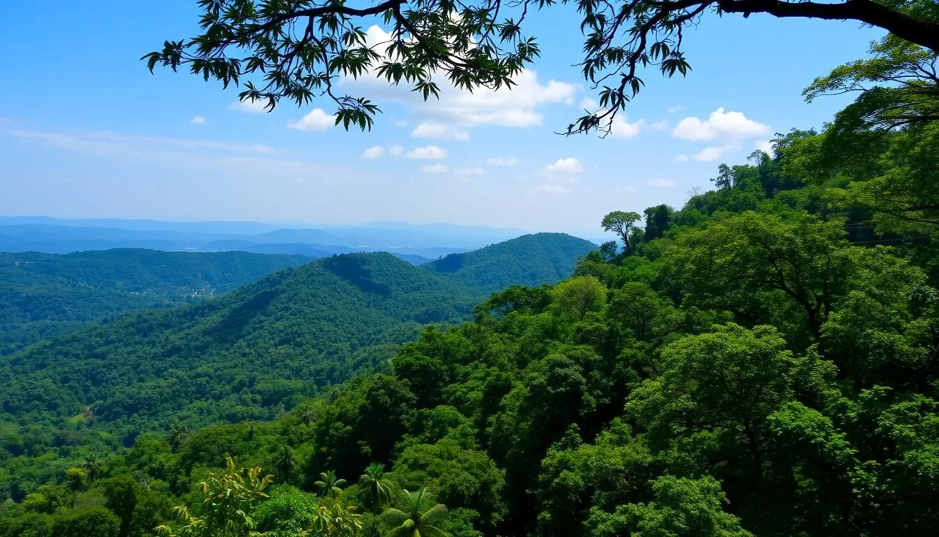 Scenic view of Bandipur National Park landscape with rolling hills and forest canopy in Karnataka