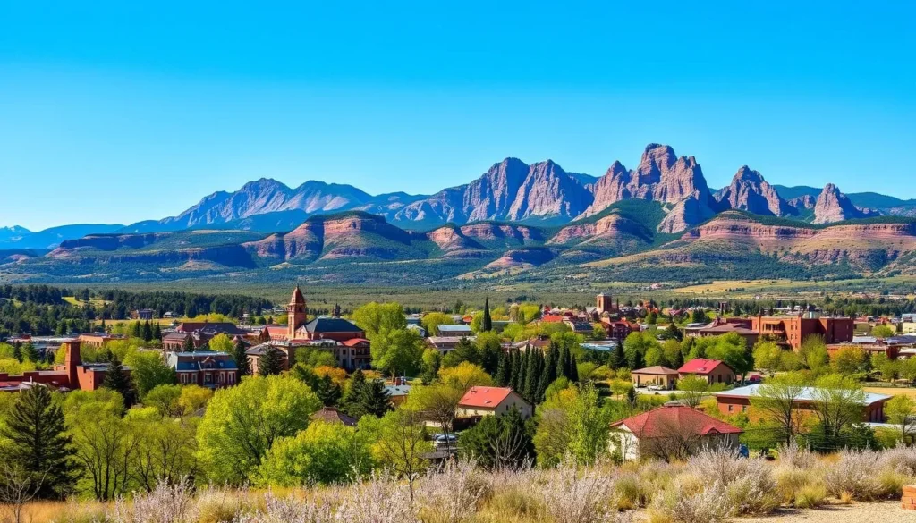 Scenic view of Boulder, Colorado with mountains in background, showing proximity to Eldorado Canyon Scenic view of Boulder, Colorado with mountains in background, showing proximity to Eldorado Canyon
