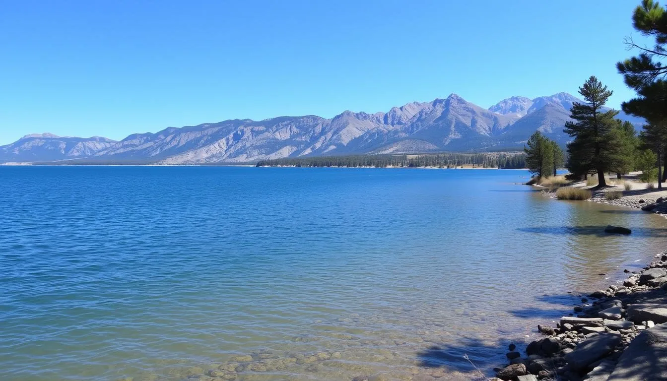 Scenic view of Boyd Lake State Park with mountains in background and clear blue water