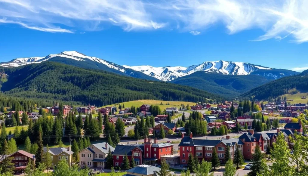 Scenic view of Breckenridge town with mountain backdrop near Hoosier Pass