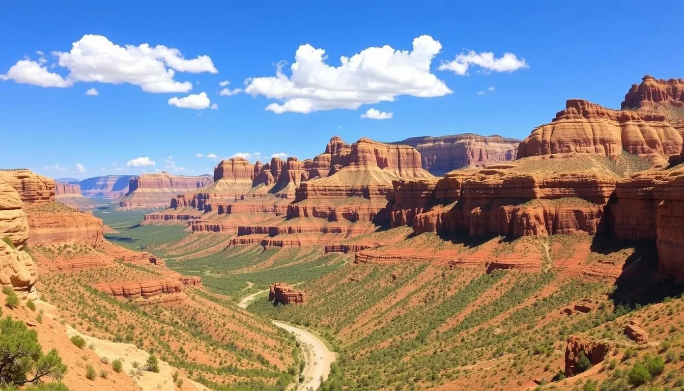 Scenic-view-of-Dinosaur-National-Monuments-dramatic-landscape-with-layered-rock-formations-and Scenic view of Dinosaur National Monument's dramatic landscape with layered rock formations and green valleys