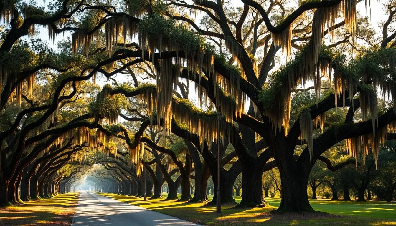 Scenic view of El Camino Real de los Tejas National Historic Trail in Louisiana with oak trees and historic pathway
