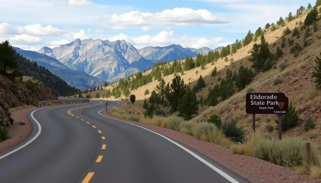Scenic view of Eldorado Canyon State Park entrance road with mountains in background Scenic view of Eldorado Canyon State Park entrance road with mountains in background