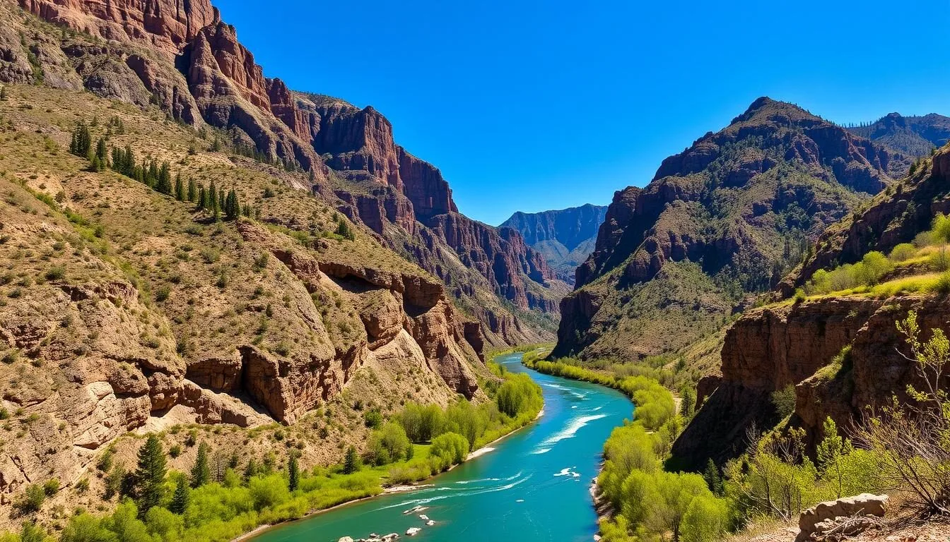 Scenic view of Glenwood Canyon with Colorado River running through it, approaching Hanging Lake Colorado