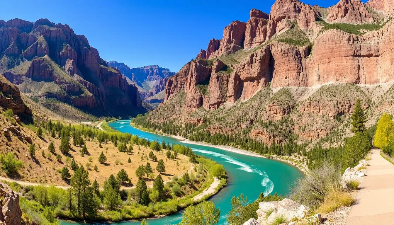 Scenic-view-of-Glenwood-Canyon-with-the-Colorado-River-flowing-through-dramatic-rock-formations-1 Scenic view of Glenwood Canyon with the Colorado River flowing through dramatic rock formations