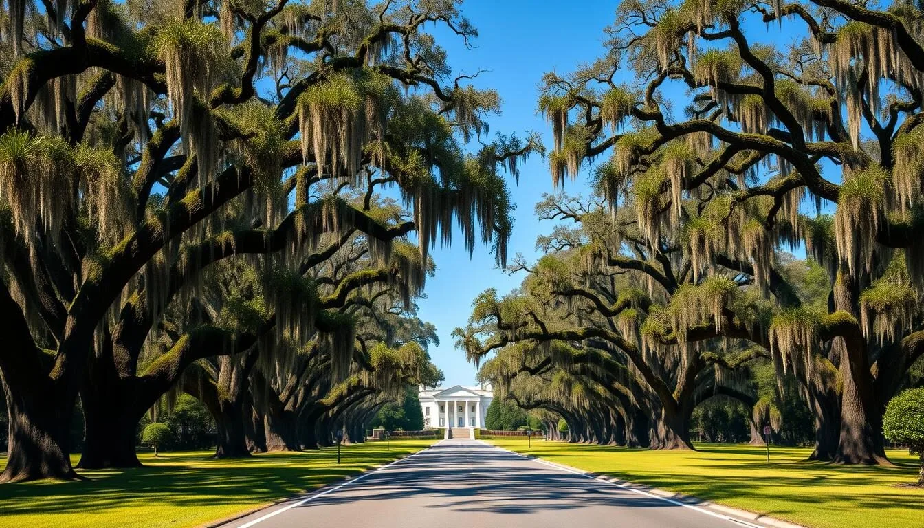 Scenic-view-of-Highland-Road-with-oak-trees-and-plantation-in-the-distance Scenic view of Highland Road with oak trees and plantation in the distance