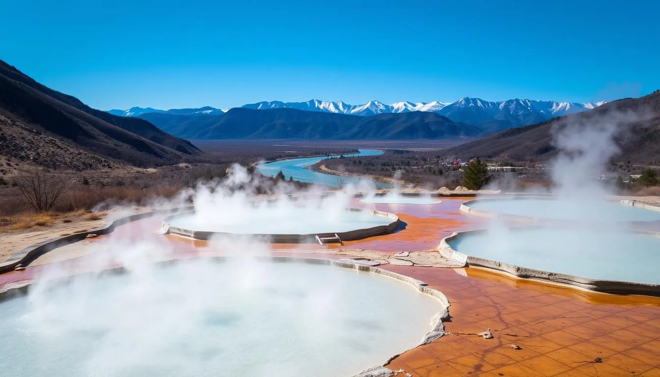 Scenic view of Iron Mountain Hot Springs with Colorado River and mountains in background