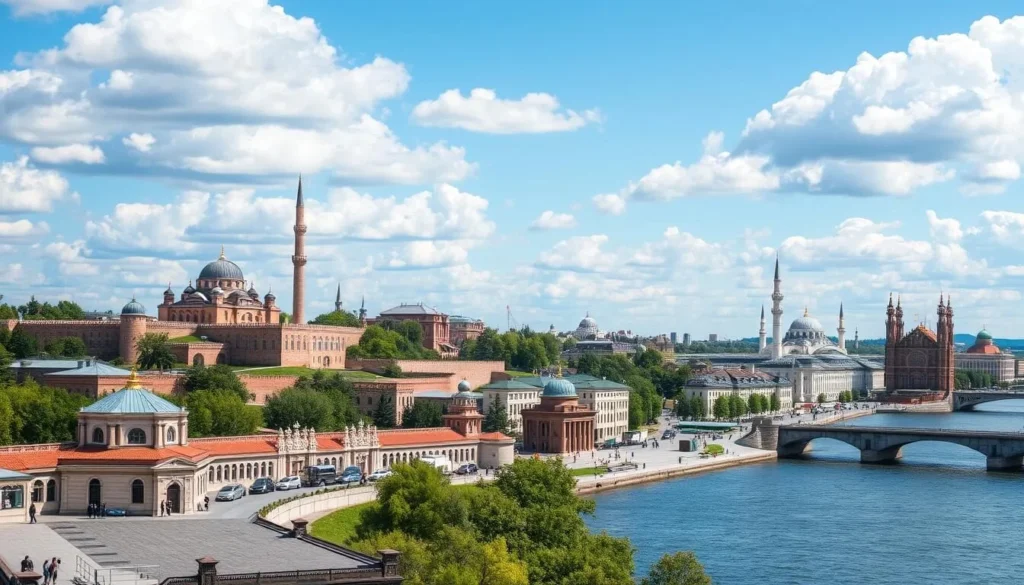 Scenic view of Kazan city with its Kremlin and mosques along the Volga River Scenic view of Kazan city with its Kremlin and mosques along the Volga River