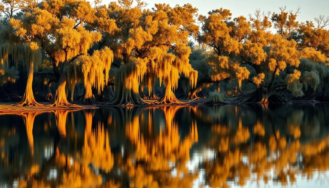 Scenic view of Lake Fausse Pointe State Park with cypress trees reflected in calm water during golden hour