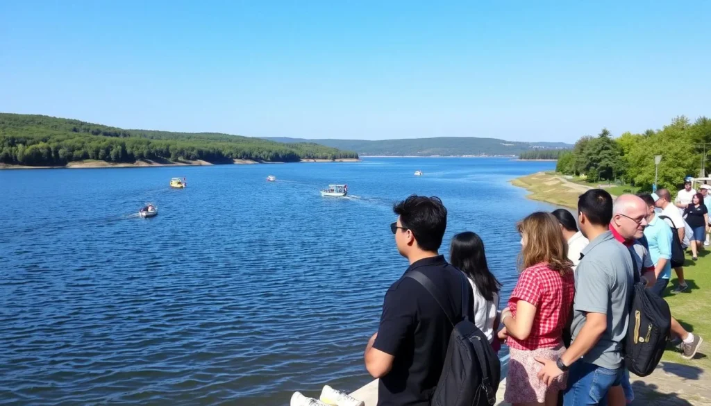 Scenic view of Lake Ilmen with its expansive waters and shoreline on a clear day with a few small boats visible on the water