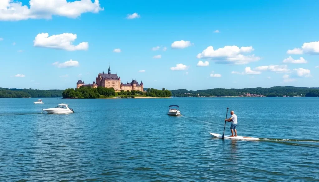 Scenic view of Lake Schwerin with small boats and paddleboarders enjoying the water with the castle visible in the background