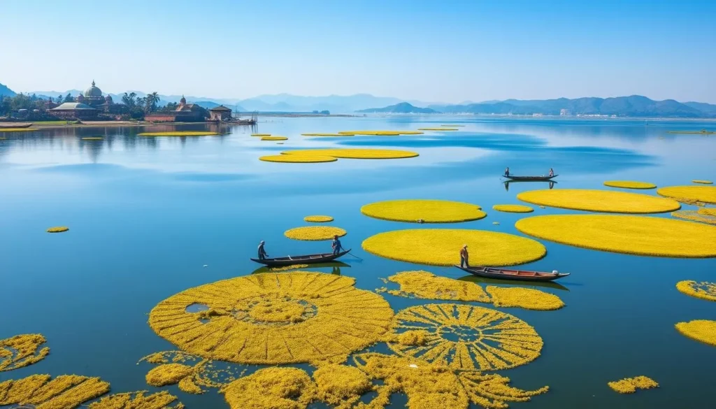 Scenic view of Loktak Lake with floating phumdis and traditional fishing boats
