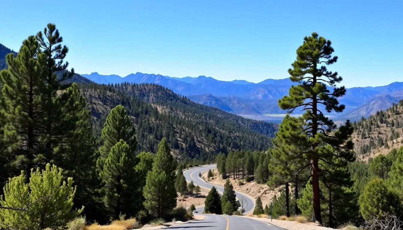 Scenic view of Mingus Mountain with winding road and pine forests in Arizona