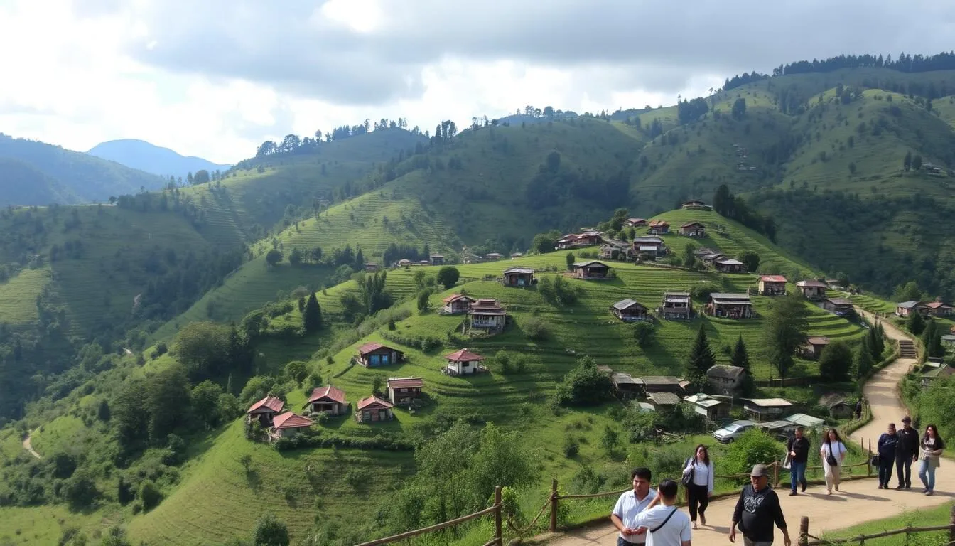 Scenic view of Nagaland's lush green mountains with traditional village houses nestled on hillsides