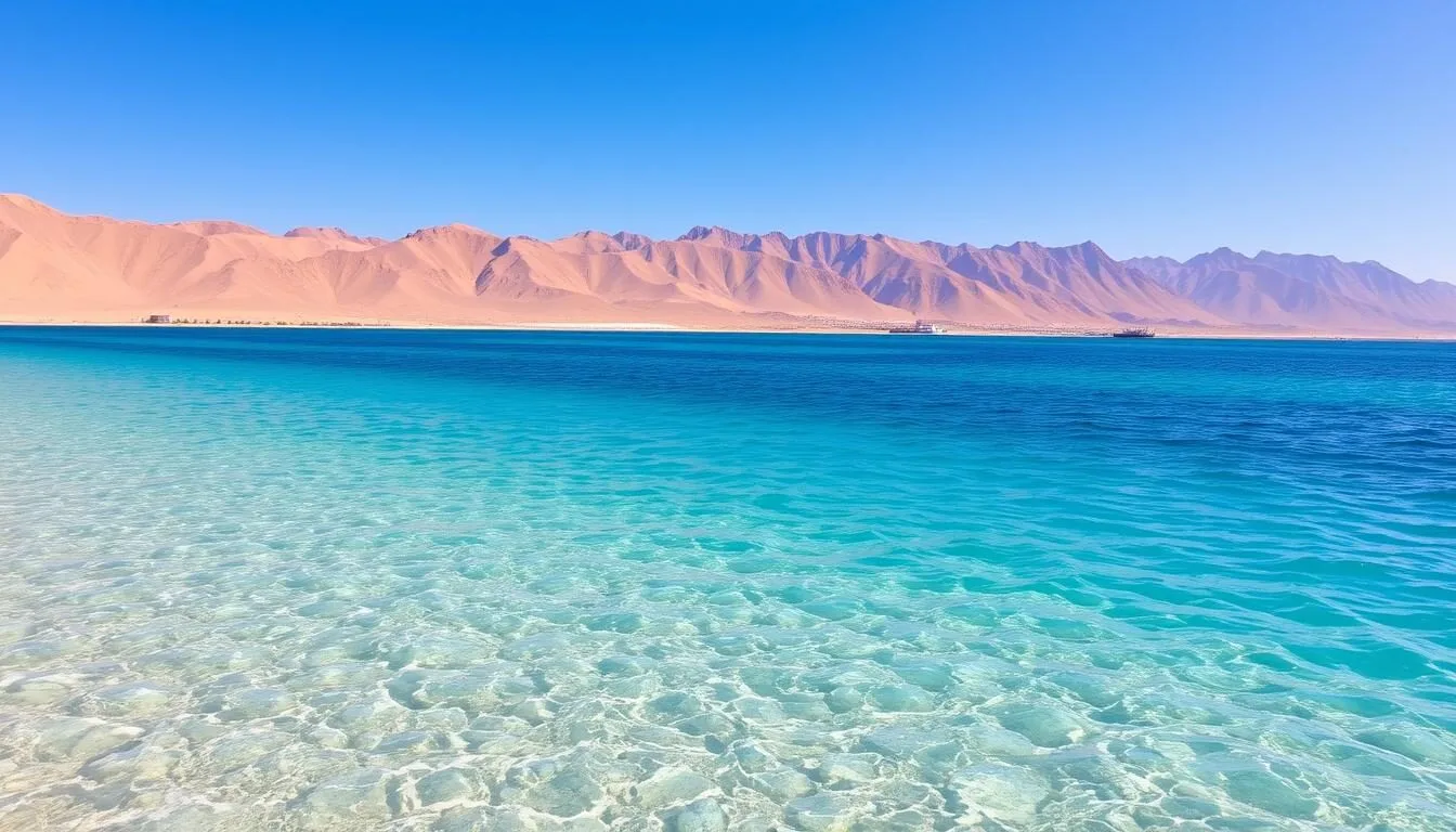 Scenic view of Nuweiba's coastline with mountains in the background and the Red Sea in the foreground