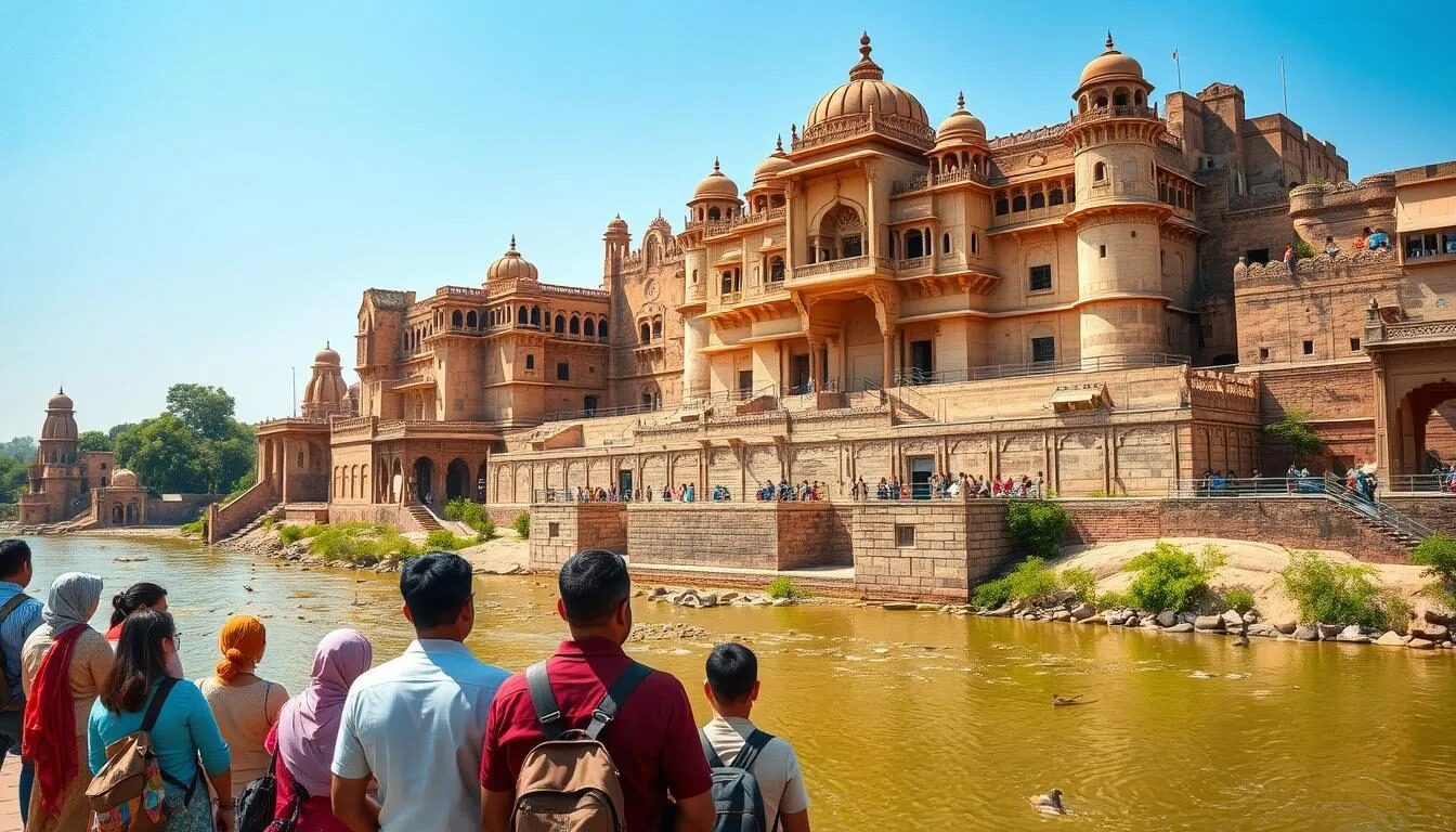 Scenic-view-of-Orchhas-historical-architecture-with-the-Betwa-River-in-the-foreground Scenic view of Orchha's historical architecture with the Betwa River in the foreground