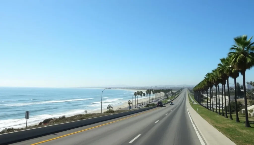 Scenic view of Pacific Coast Highway with Seal Beach coastline visible, palm trees lining the road