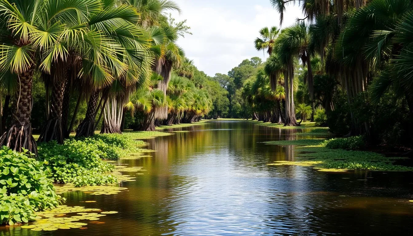 Scenic-view-of-Palmetto-Island-State-Park-Louisiana-with-lush-green-palmetto-plants-and-cypress Scenic view of Palmetto Island State Park Louisiana with lush green palmetto plants and cypress trees along a waterway