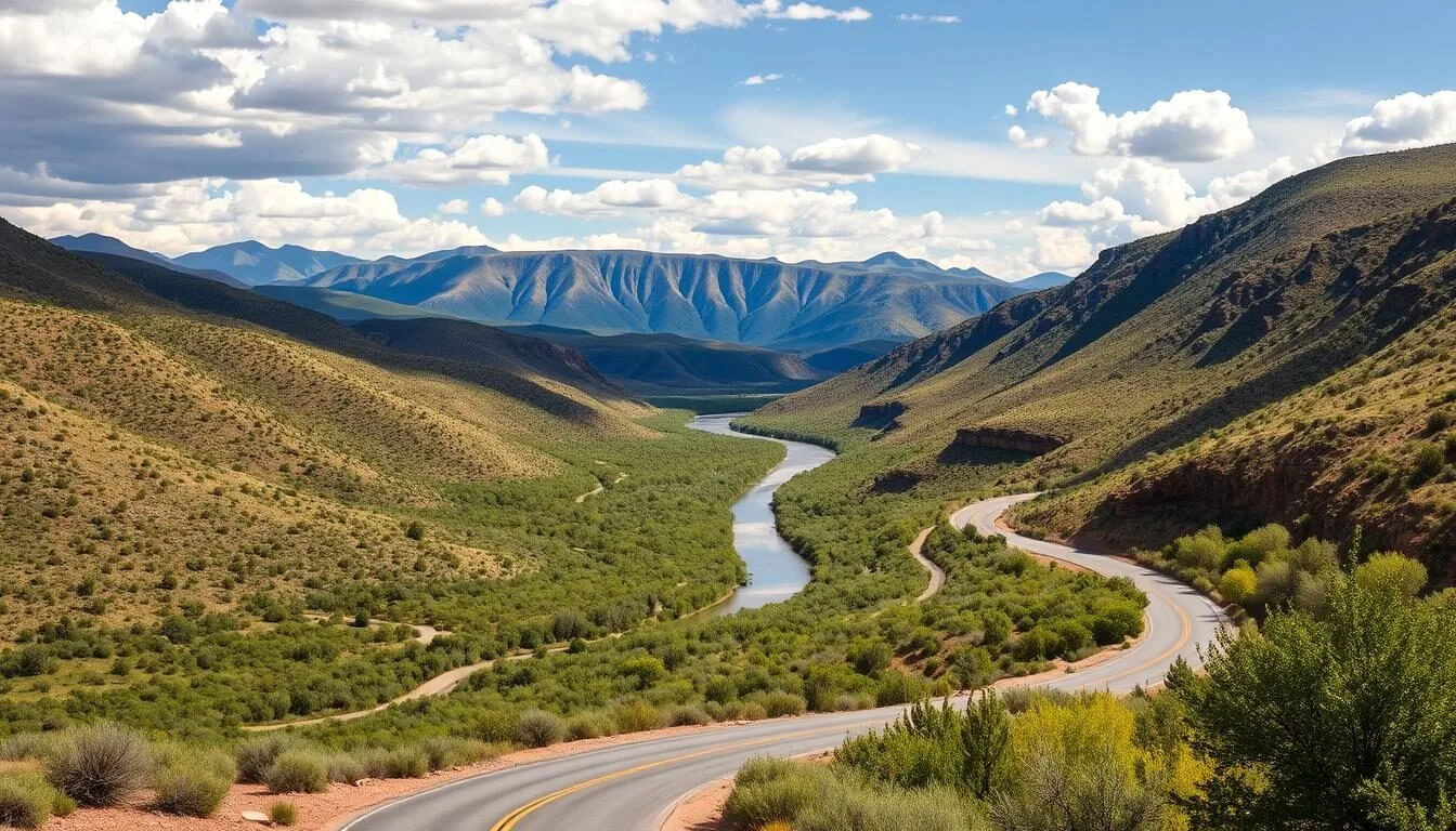 Scenic-view-of-Pecos-River-valley-with-mountains-in-the-background-and-a-winding-road-leading Scenic view of Pecos River valley with mountains in the background and a winding road leading to the destination