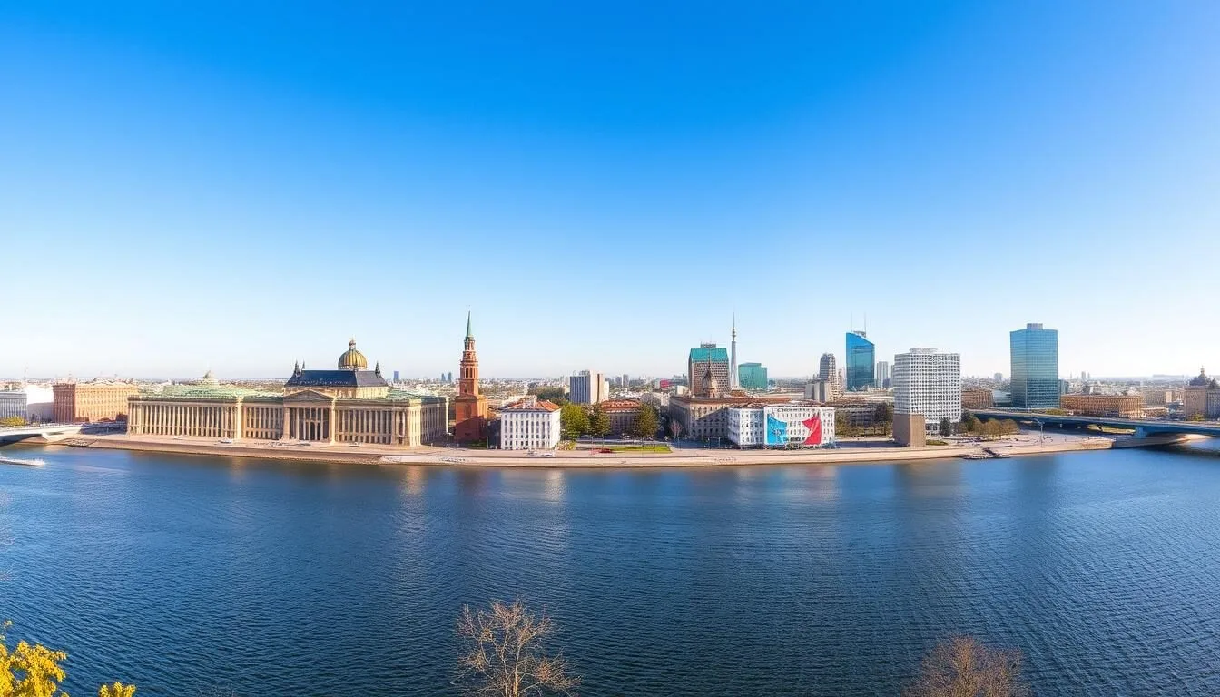 Scenic view of Perm city skyline with the Kama River in the foreground