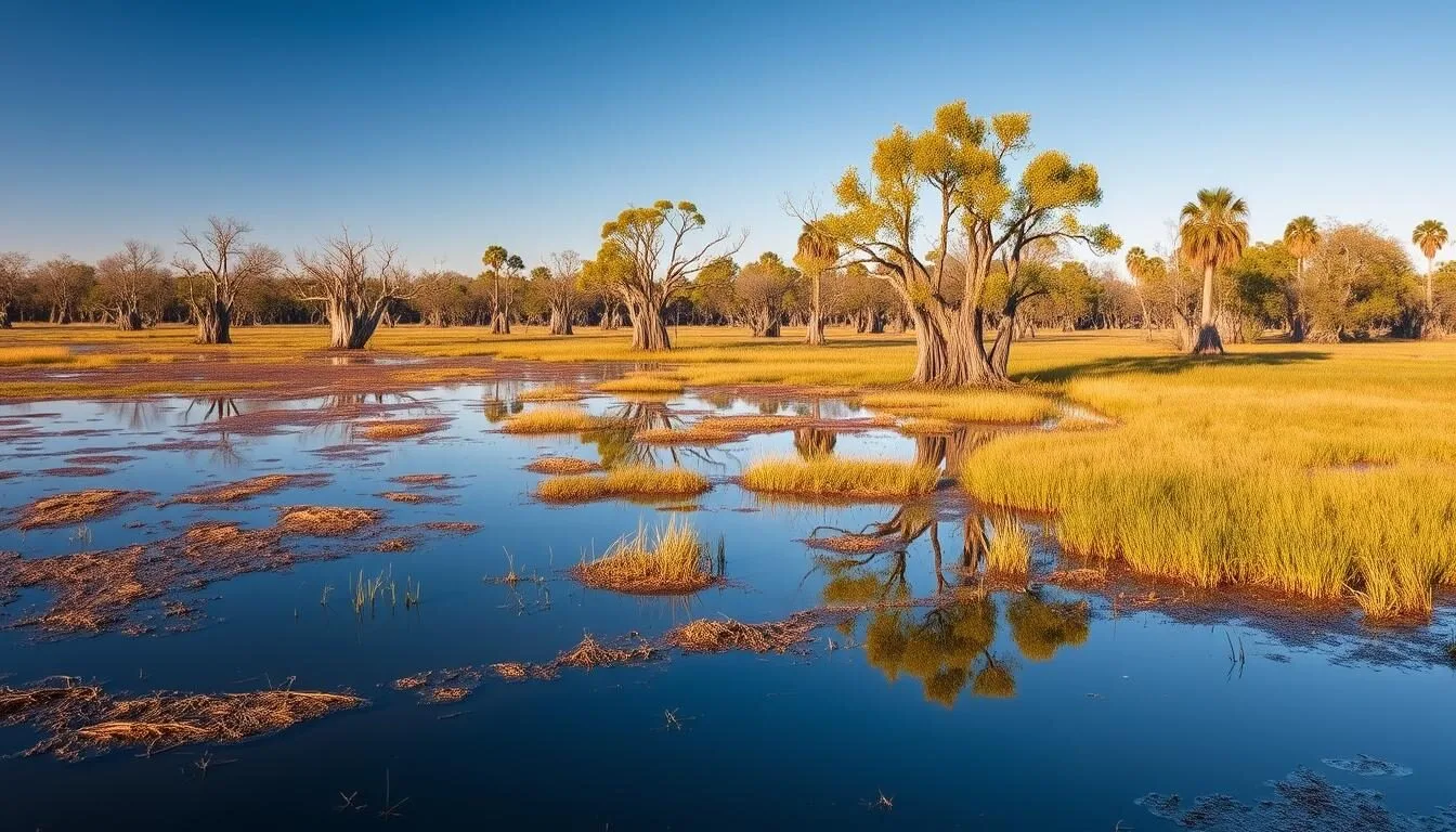 Scenic-view-of-Red-River-National-Wildlife-Refuge-Louisiana-with-wetlands-and-trees-reflecting- Scenic view of Red River National Wildlife Refuge Louisiana with wetlands and trees reflecting in calm water