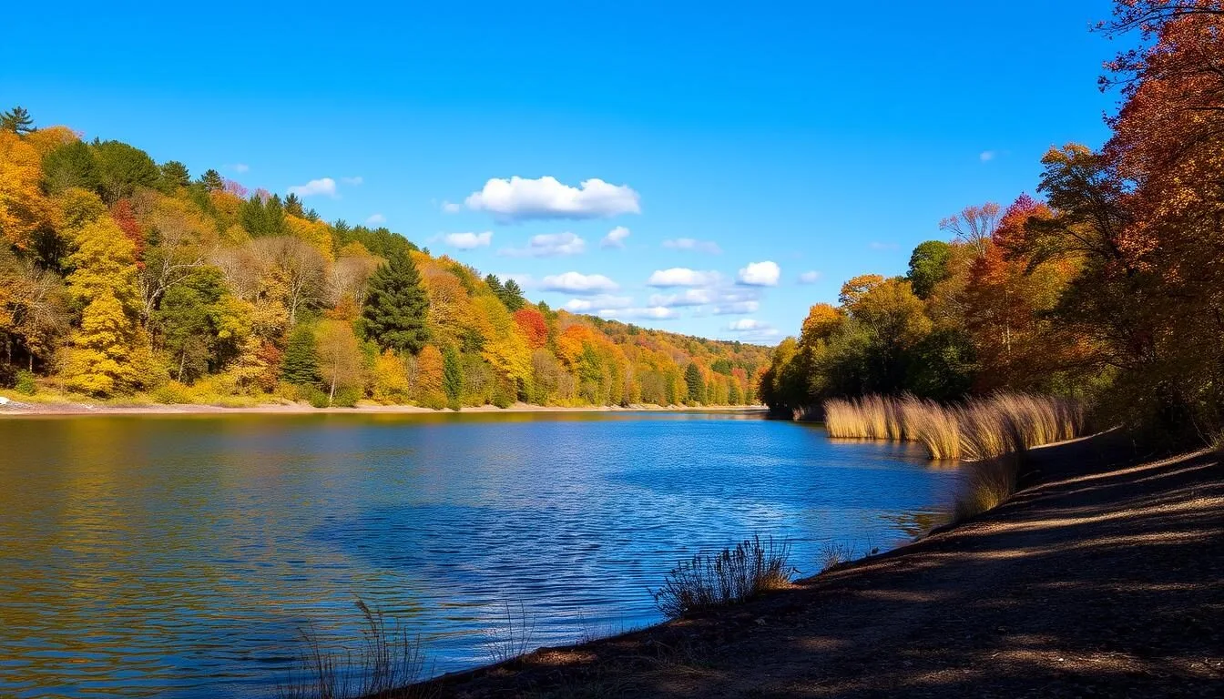 Scenic-view-of-Sangchris-Lake-Recreation-Area-with-autumn-foliage-surrounding-the-calm-waters Scenic view of Sangchris Lake Recreation Area with autumn foliage surrounding the calm waters