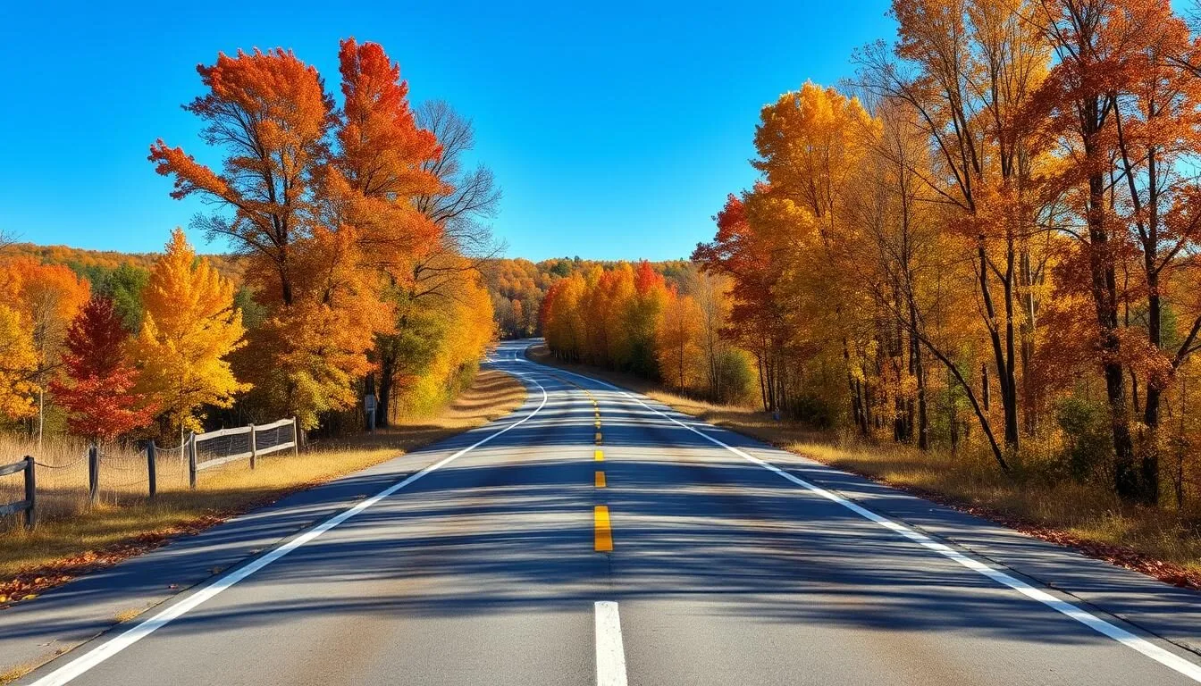 Scenic-view-of-Shabbona-Lake-State-Park-entrance-road-with-autumn-foliage Scenic view of Shabbona Lake State Park entrance road with autumn foliage