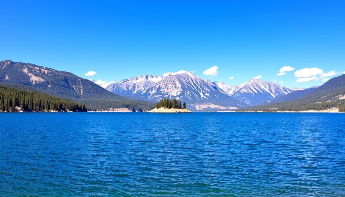 Scenic-view-of-Shadow-Mountain-Lake-with-Bird-Island-visible-in-the-distance-and-the-Rocky Scenic view of Shadow Mountain Lake with Bird Island visible in the distance and the Rocky Mountains in the background