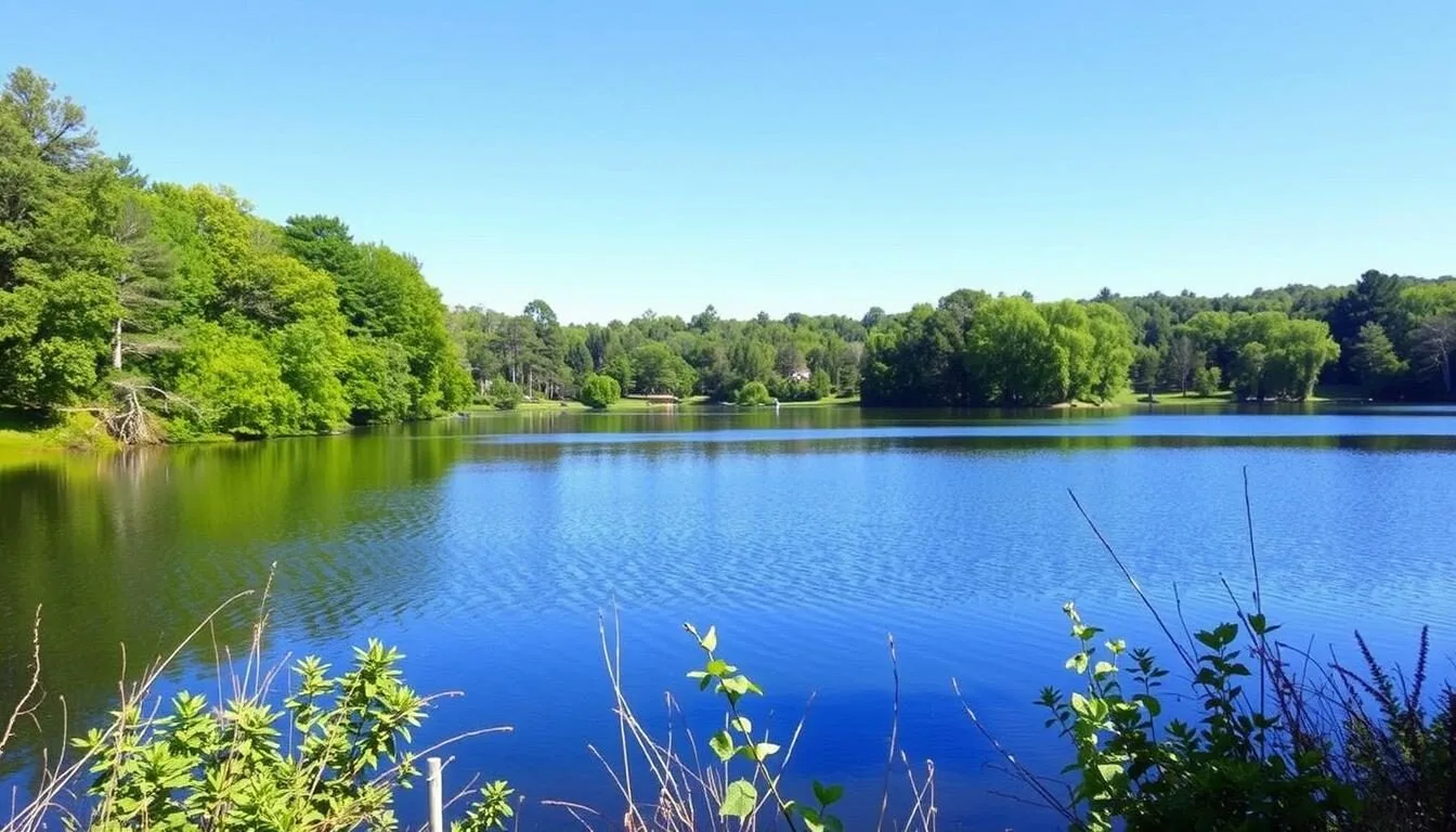 Scenic view of Spring Lake State Park Illinois showing the lake surrounded by lush green trees on a beautiful sunny day