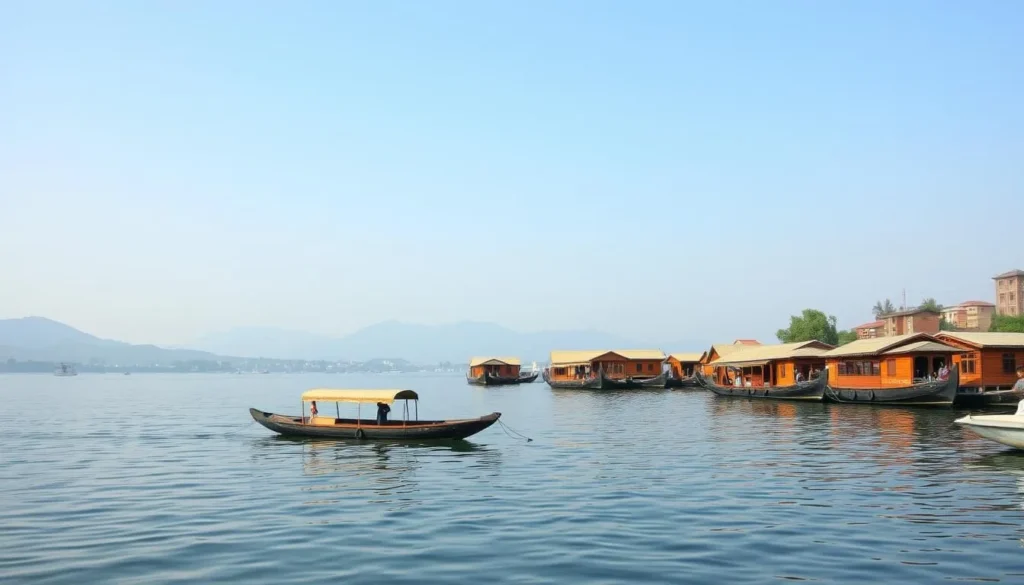 Scenic view of Srinagar's Dal Lake with traditional wooden houseboats Scenic view of Srinagar's Dal Lake with traditional wooden houseboats