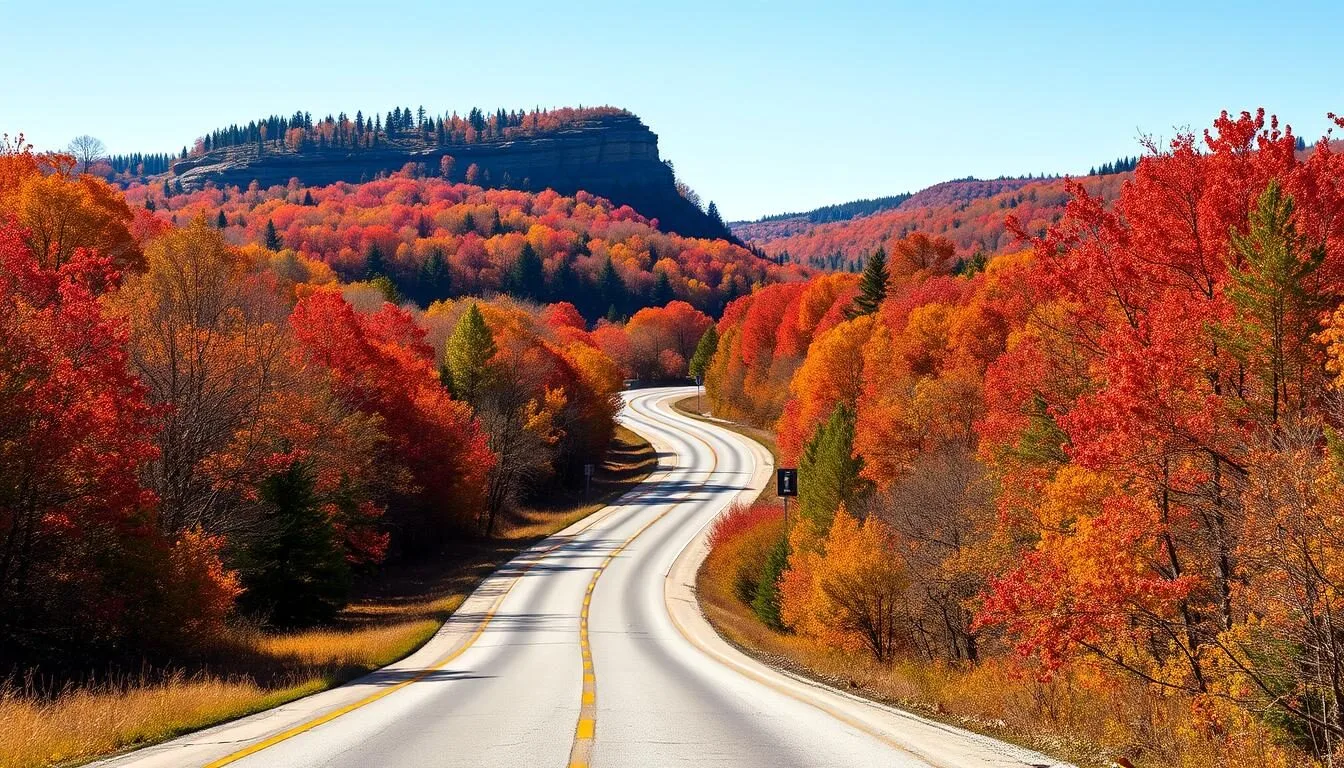 Scenic-view-of-Starved-Rock-State-Park-entrance-road-surrounded-by-autumn-foliage Scenic view of Starved Rock State Park entrance road surrounded by autumn foliage