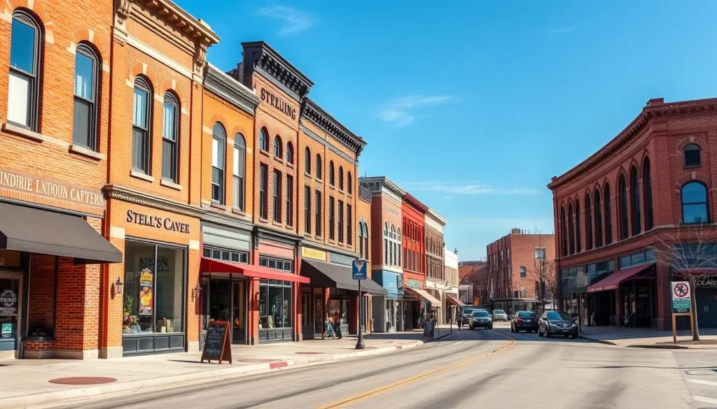 Scenic view of Sterling, Illinois downtown area with historic architecture Scenic view of Sterling, Illinois downtown area with historic architecture